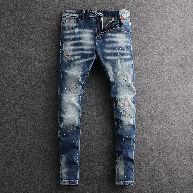 

Street Fashion Men Jeans Retro Washed Blue Stretch Slim Fit Ripped Jeans Men Painted Designer Hip Hop Vintage Denim Pants Hombre