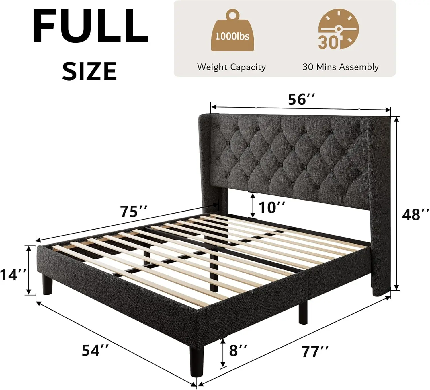 Full Size Bedframe plataforma acolchoada, madeira maciça, Macarrão plano, silencioso, fácil de montar, cinza escuro