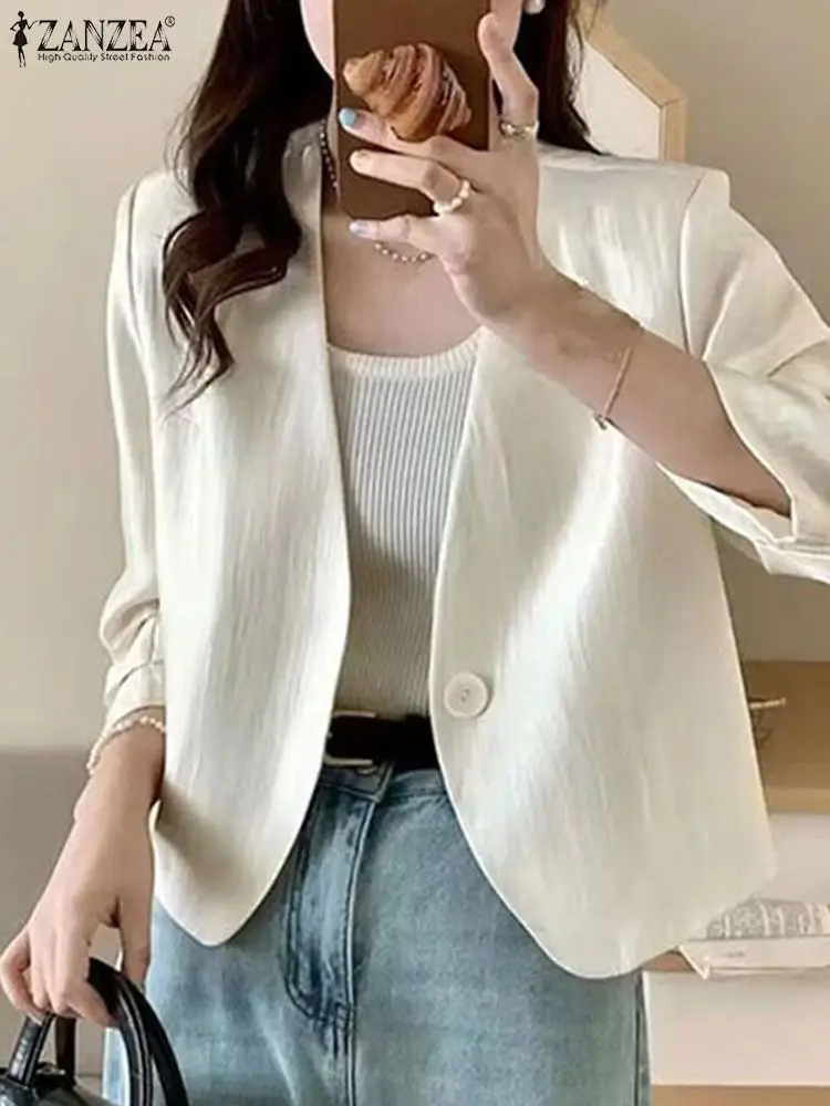 Women Casual Loose Suits 2024 Autumn Solid Button V-neck Coat Korean Fashion Thin cardigans Elegant Simple 3/4 Sleeve Outwears