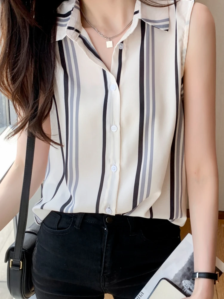 Stripe Summer Women\'s Shirt Chiffon Blouses for Women Sleeveless Shirt Basic Elegant Female Clothing Button Up Shirt Womens Tops