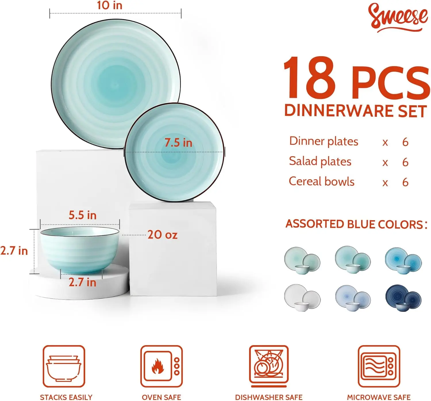 Sweese Plates and Bowls Sets, 18 Piece Dinnerware Set Porcelain Round Dinner Set for 6, Scratch Resistant Dishes Set, Dishwasher