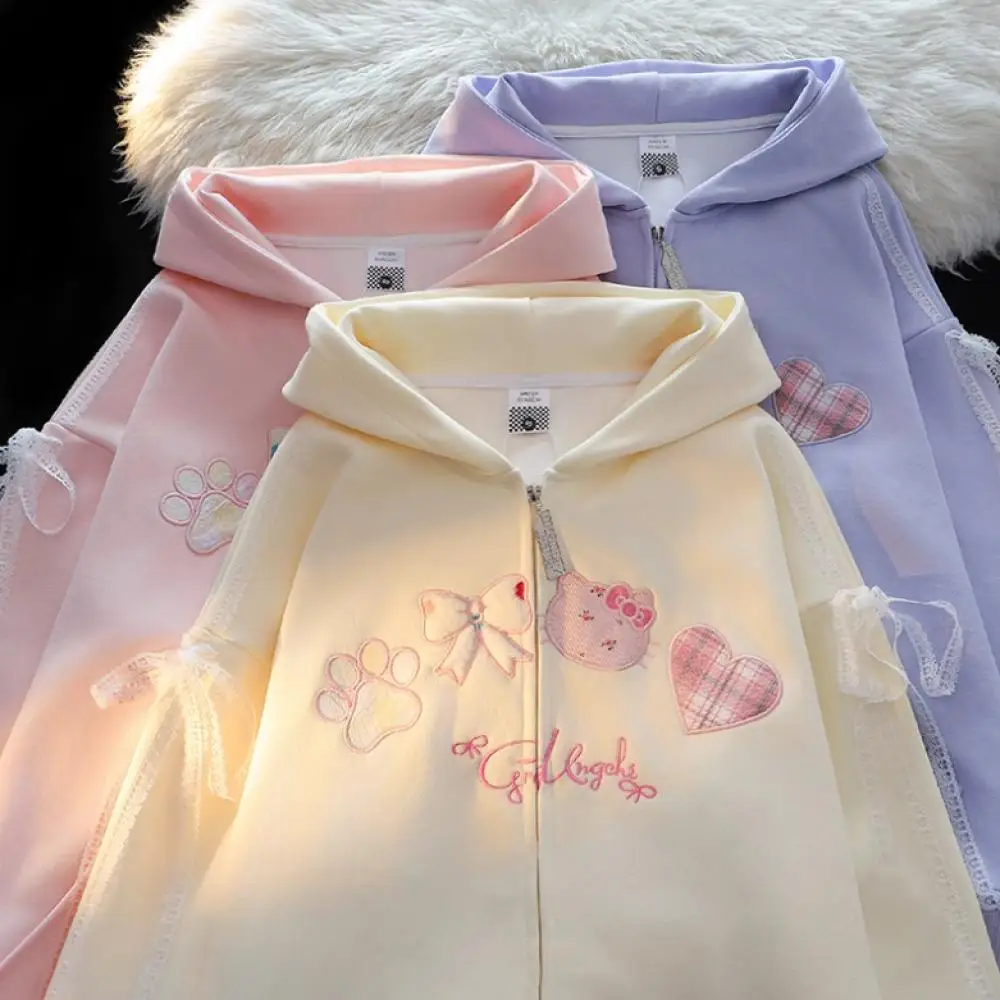 Anime Kawaii Autumn Hoodie Sweatshirt Y2K Hello Kitty Zipper Cardigan Sanrioed Winter Embroidery Coat Girls Student Tops Loose