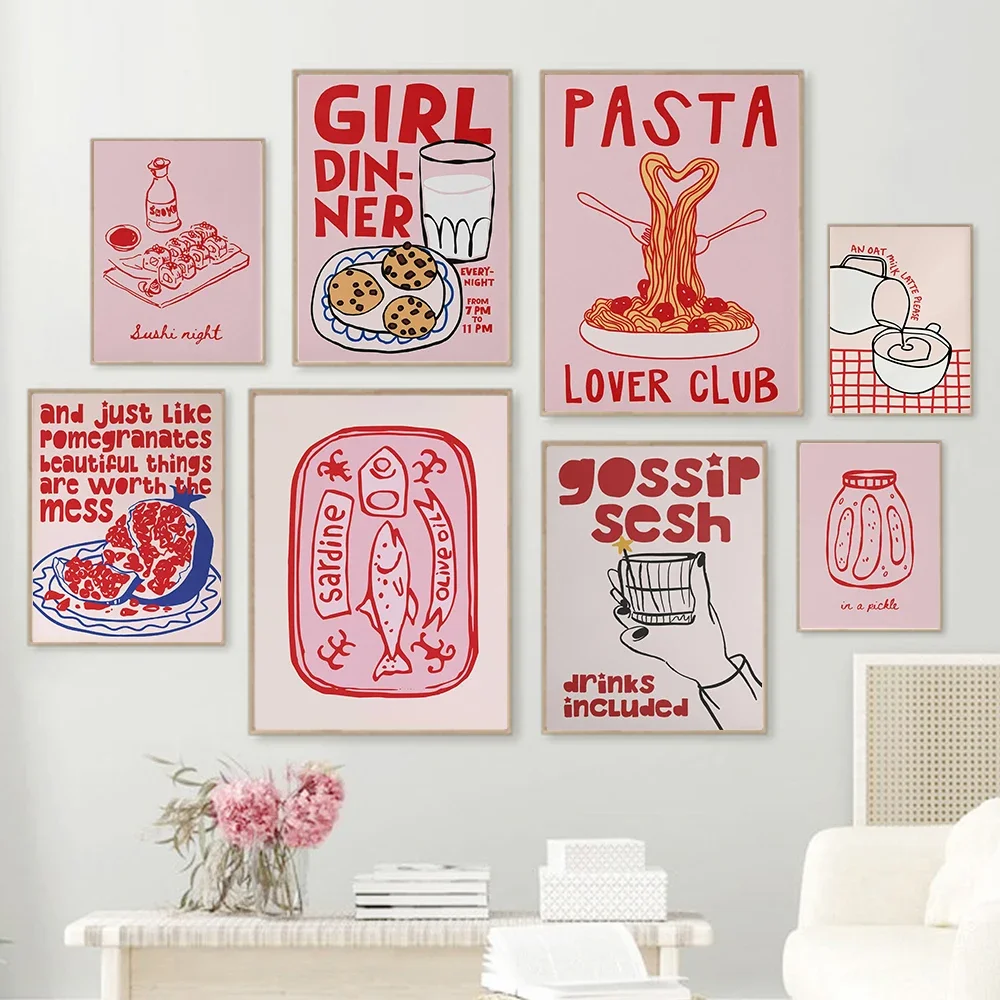Pasta Sushi Lover Club Night Doodle Girl Dinner Poster Print Trendy Y2k Kitchen Food Drinking Bar Pink Red Preppy Room Decor