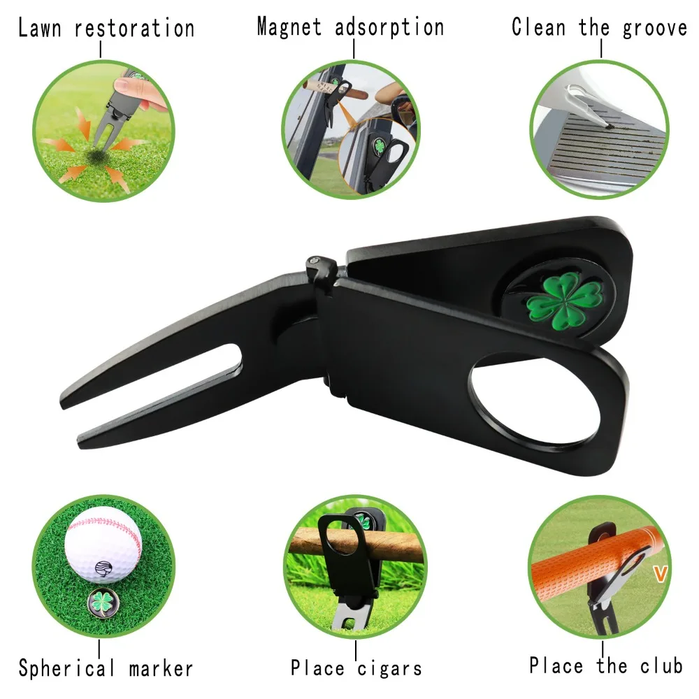 Graszode Putting Green Fork Ball Marker Clover Golf Groene Vork 6 in 1 Draagbare Golf Hooivork Golf Training Aids