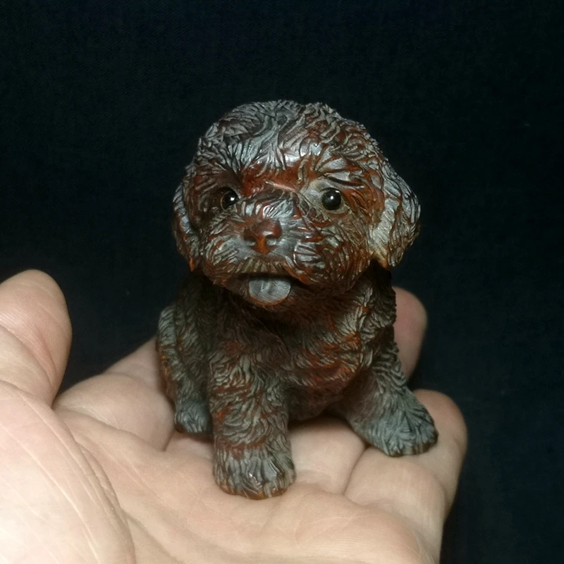 

1919 Antique art Size H 6.8 CM Chinese boxwood hand carved vivid dog Statue decoration collection Gift