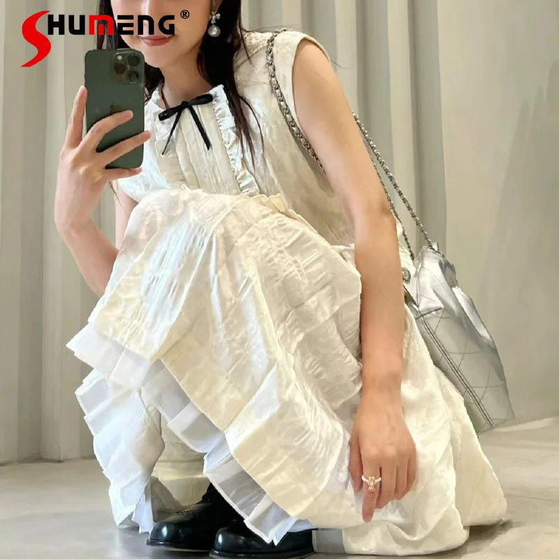 

Women's Jacquard Bow Decoration Sleeveless Loose Comfort Pullover Top Skirt Decoration Feminine A- Line Pleated Nice Long Skirts