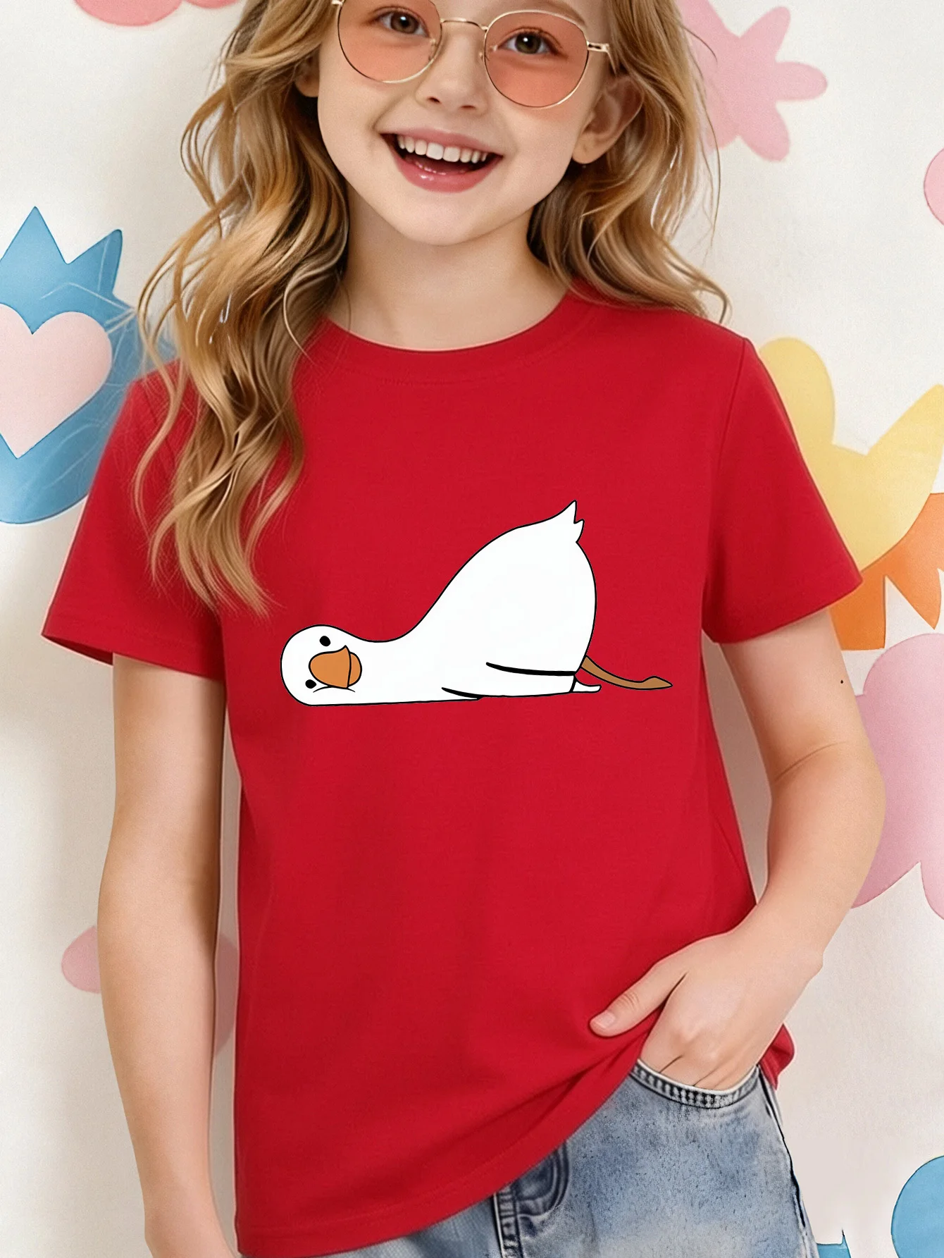 Lying Flat White Goose Cartoon Kids T Shirt Boys Girls Short Sleeve Crew Neck Cotton Parent Matching Casual Tops Toddler Youth
