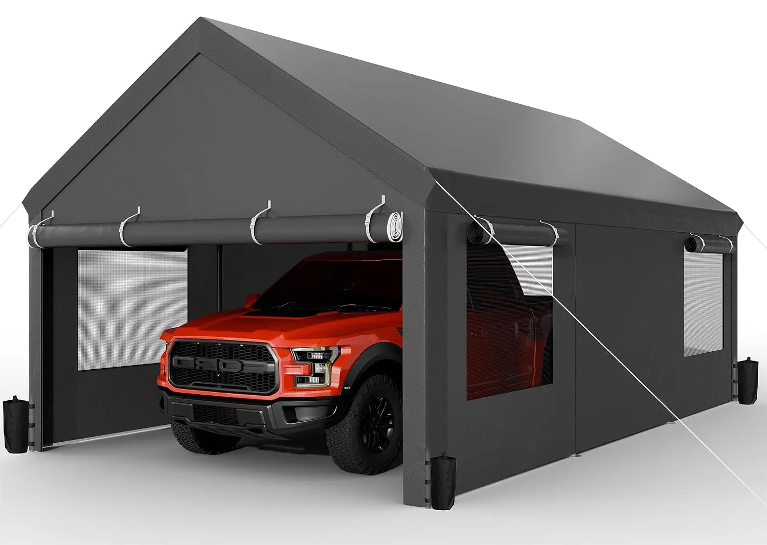 12x20 ft Heavy Duty Carport with Roll-up Windows, Portable Garage with Removable Sidewalls & Doors, Car, Customized
