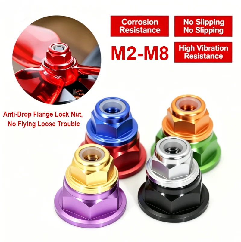 Anodized Aluminum Flange Nylon Insert Self Lock Nut M2~M8 Fastener For RC FPV Racing Drone Motorcycle Scooter Frame Modification