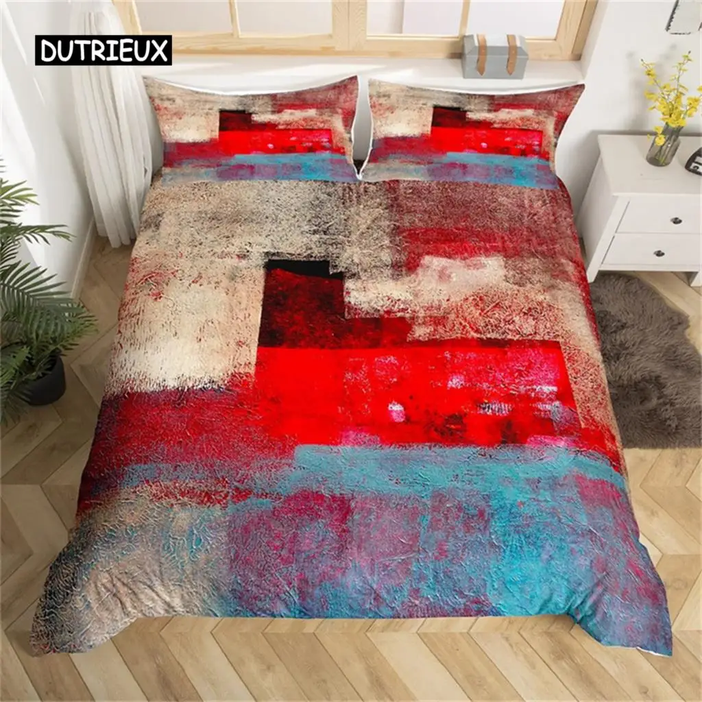 

Duvet Cover Art Graffiti Red Brown Bedding Set Queen Oil Painting Set For Teen Youth Watercolor Fluid Ink Comforter Cover Room