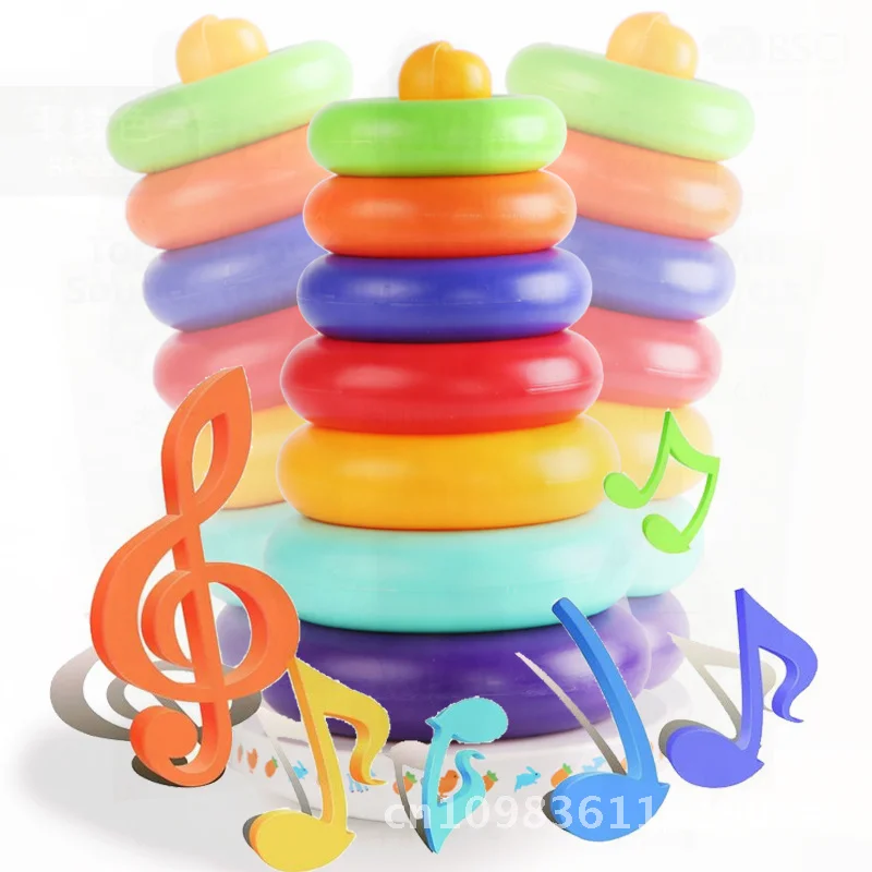 어린이용 무지개 타워 음악 텀블러 쌓기 장난감, 0-3세 유아 발달을 위한 다채로운 링 쌓기