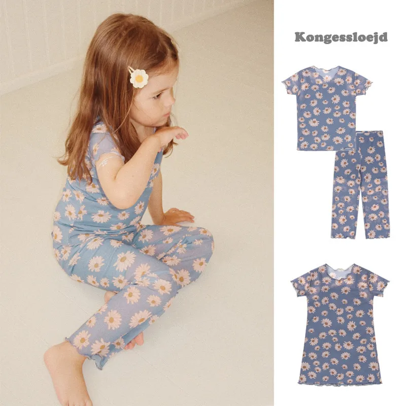 

24 Summer New Children's Wear KS Same Mesh Little Daisy Series Girls' Short Sleeved Suspender Set Blue Dress