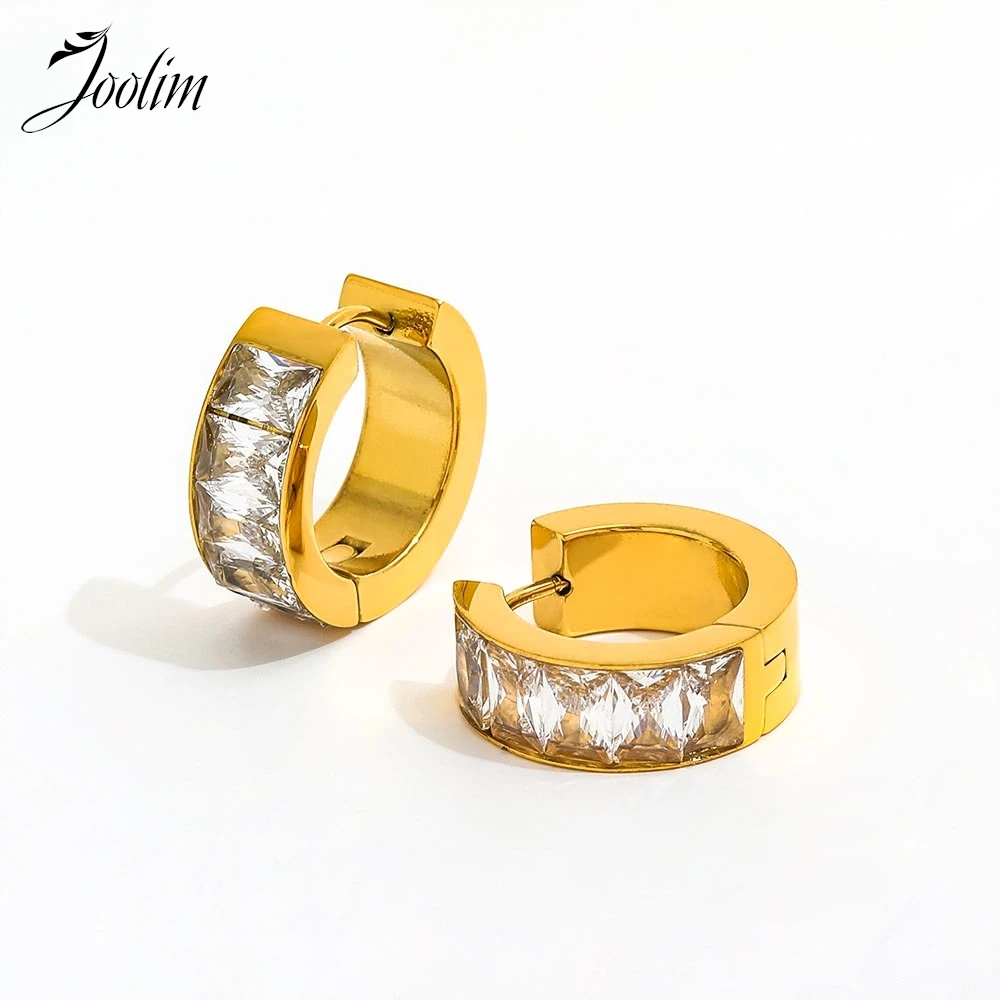 

Joolim Jewelry High Quality PVD Wholesale Luxury Fashion Dainty Half Circle Zirconia Huggie Stainless Steel Earring for Women