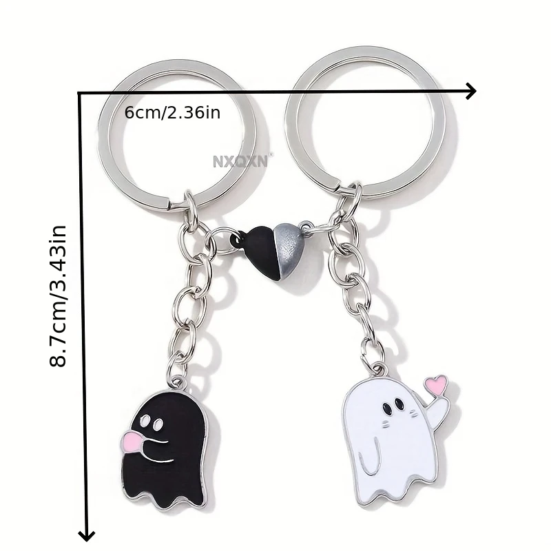 1 Pair Hand-Held Love Heart Ghost Drip Oil Alloy Keychain – Magnetic Buckle Couple Creative Pendant, Halloween Souvenir Gift for