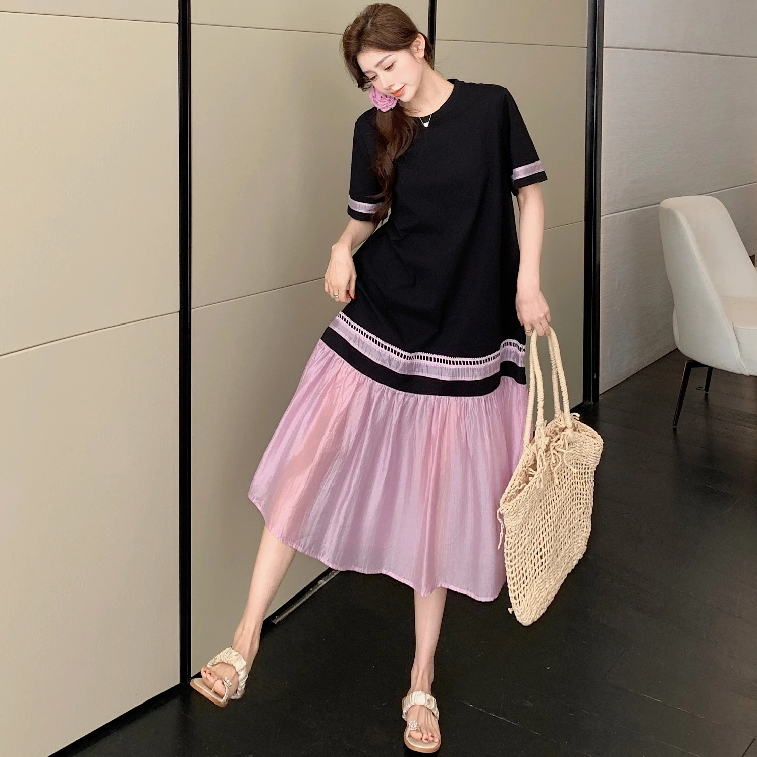 Coréen Sle grande taille Dr femmes été 2025 nouveau faux deux pièces Fi queue épissure minceur ample Midi t-shirt Dr