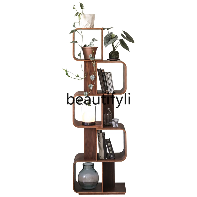 

Nordic medieval retro walnut curved wood multi-grid record display shelf bookshelf