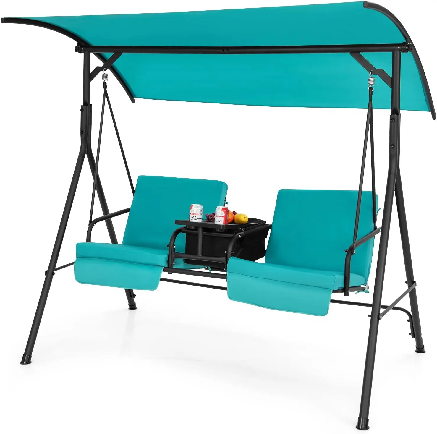 

2 Person Porch Swing, Pivot Storage Table, Cooler Bag, 2 Cup Holders, Removable Cushions, Outdoor Patio (Turquoise)