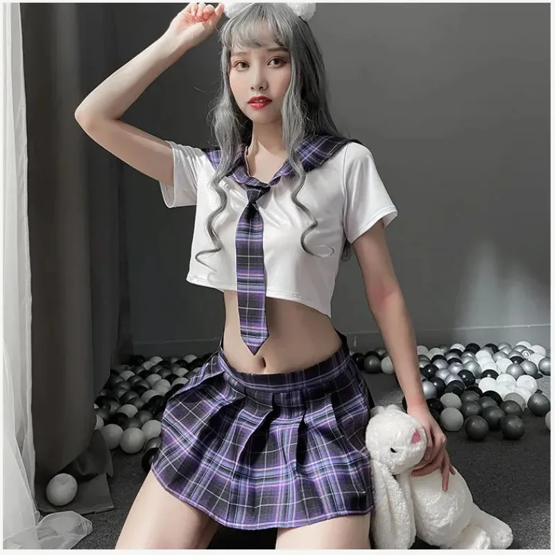 Kawaii School Girl Costume Women Sexy Cosplay Lingerie Sweet Student JK Uniform Tops with Plaid Skirt and Tie Set Role Play