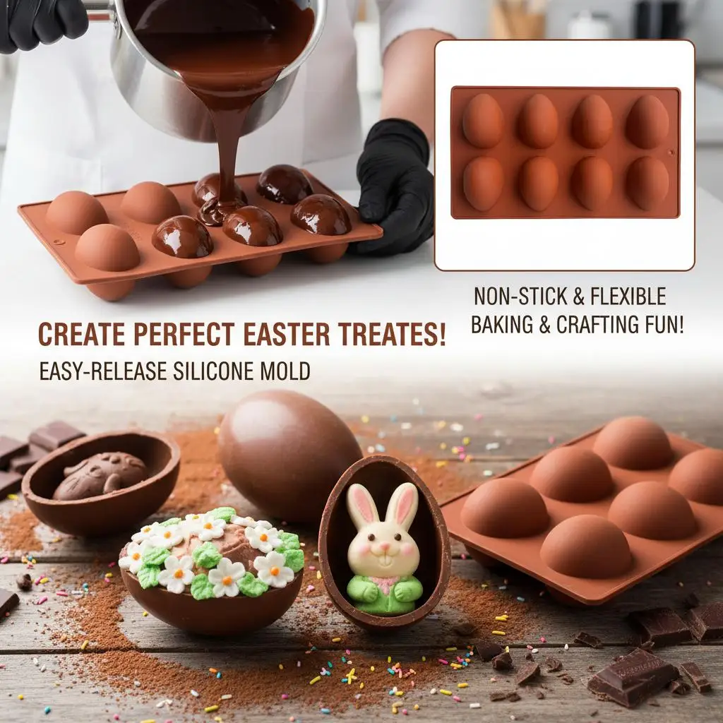 Molde de silicona 3D para huevos de Pascua, molde para pastel de chocolate con forma de huevo de 8 cavidades, herramientas de repostería DIY para postres, gelatina, mousse, muffins y fabricación de jabón
