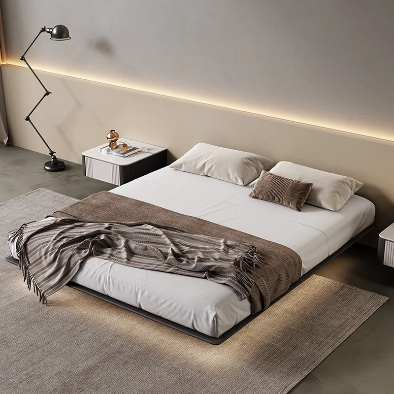 Italian Minimalist Floating Bed Without Bedside Designer Master Bedroom Bed Frame Double  Modern Light Luxury Solid Wood Furnitu