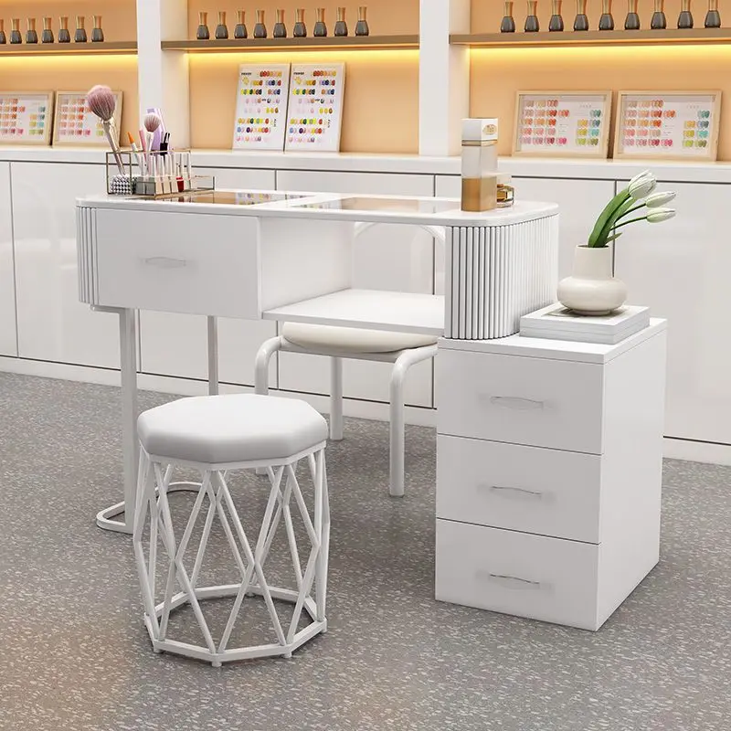 

# White Cream Style Nail Table With Storage Cabinet Multifunctional Wooden Manicure Desk For Nail Technicians And Salons