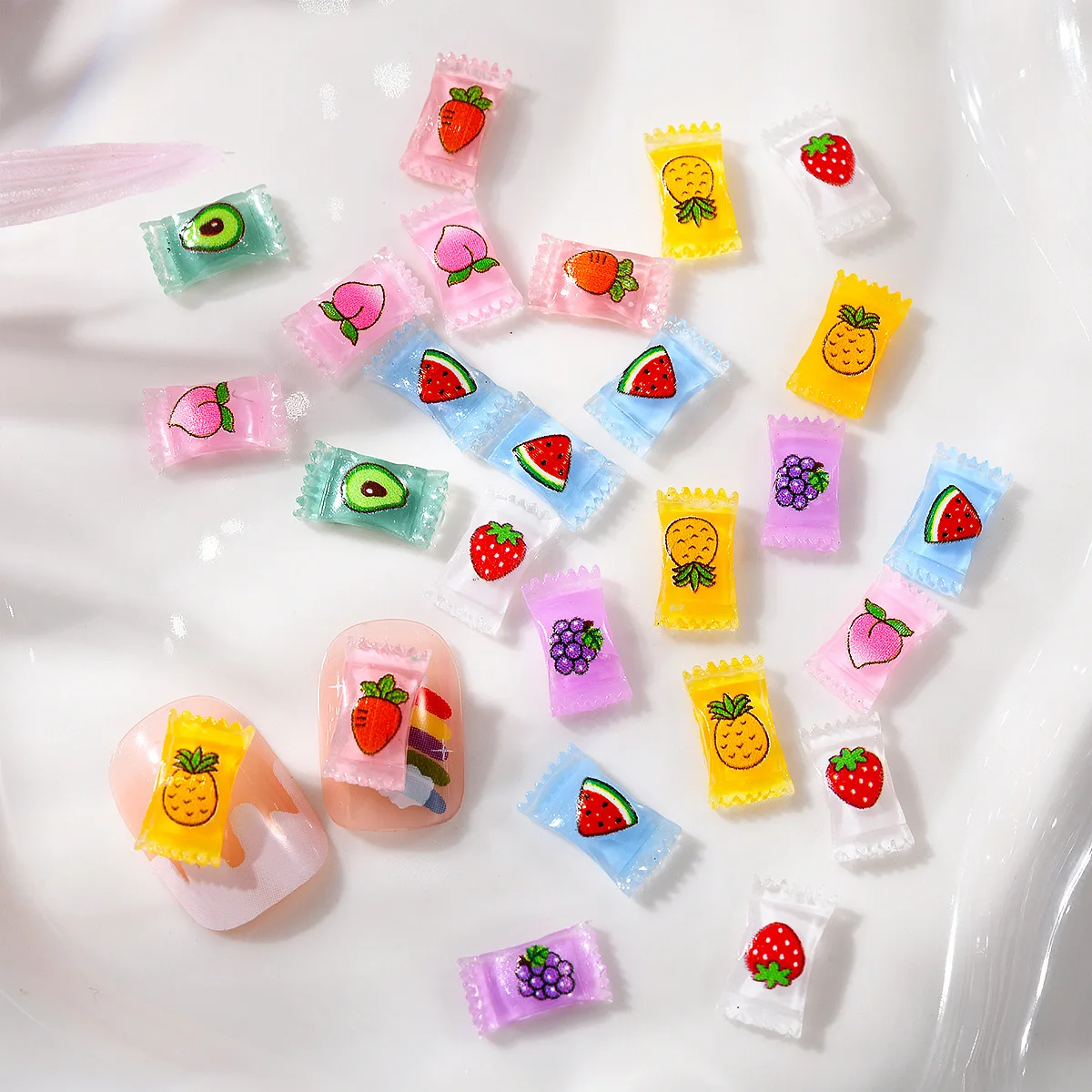 20 pcs Mixed Candy Fruits Nail Decorations 3D Cute Nails Art Charms 5*9mm Cartoon Resin Adornments Nail Rhinestones Accessories