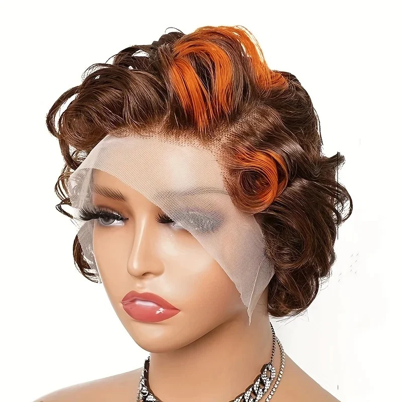 

Short Curly Wigs Transparent 13x4 Lace Frontal Wig Natural Burgundy Color Human Hair Wigs For Women