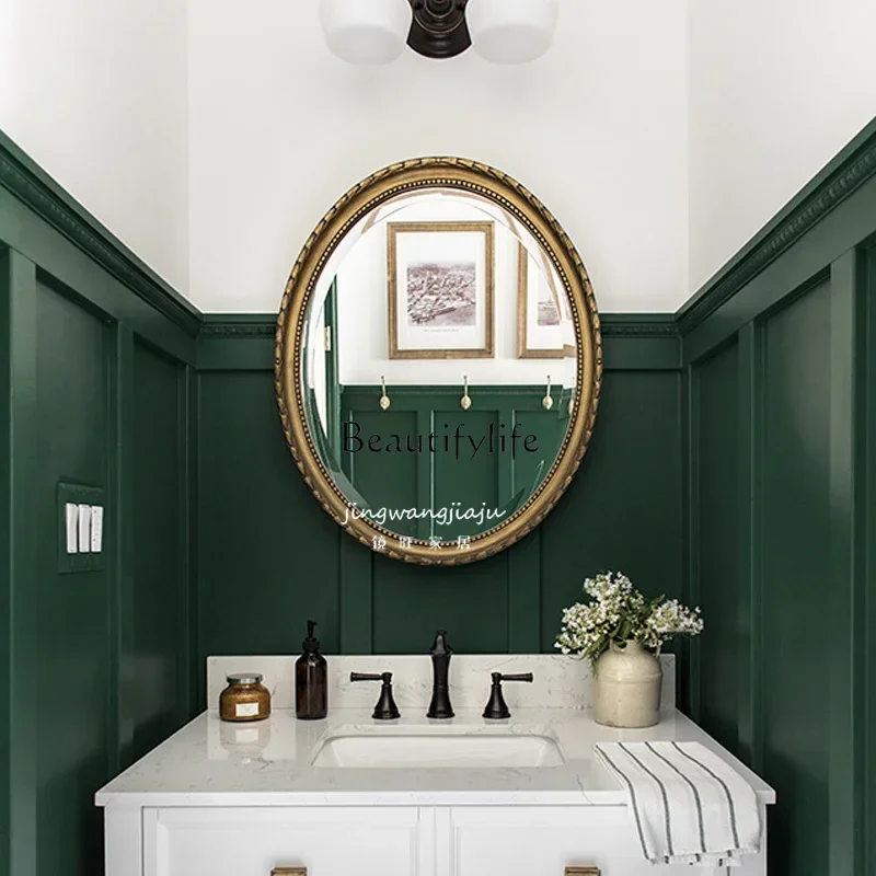 

LEuropean bathroom mirror wall-mounted light luxury oval household washstand makeup mirror