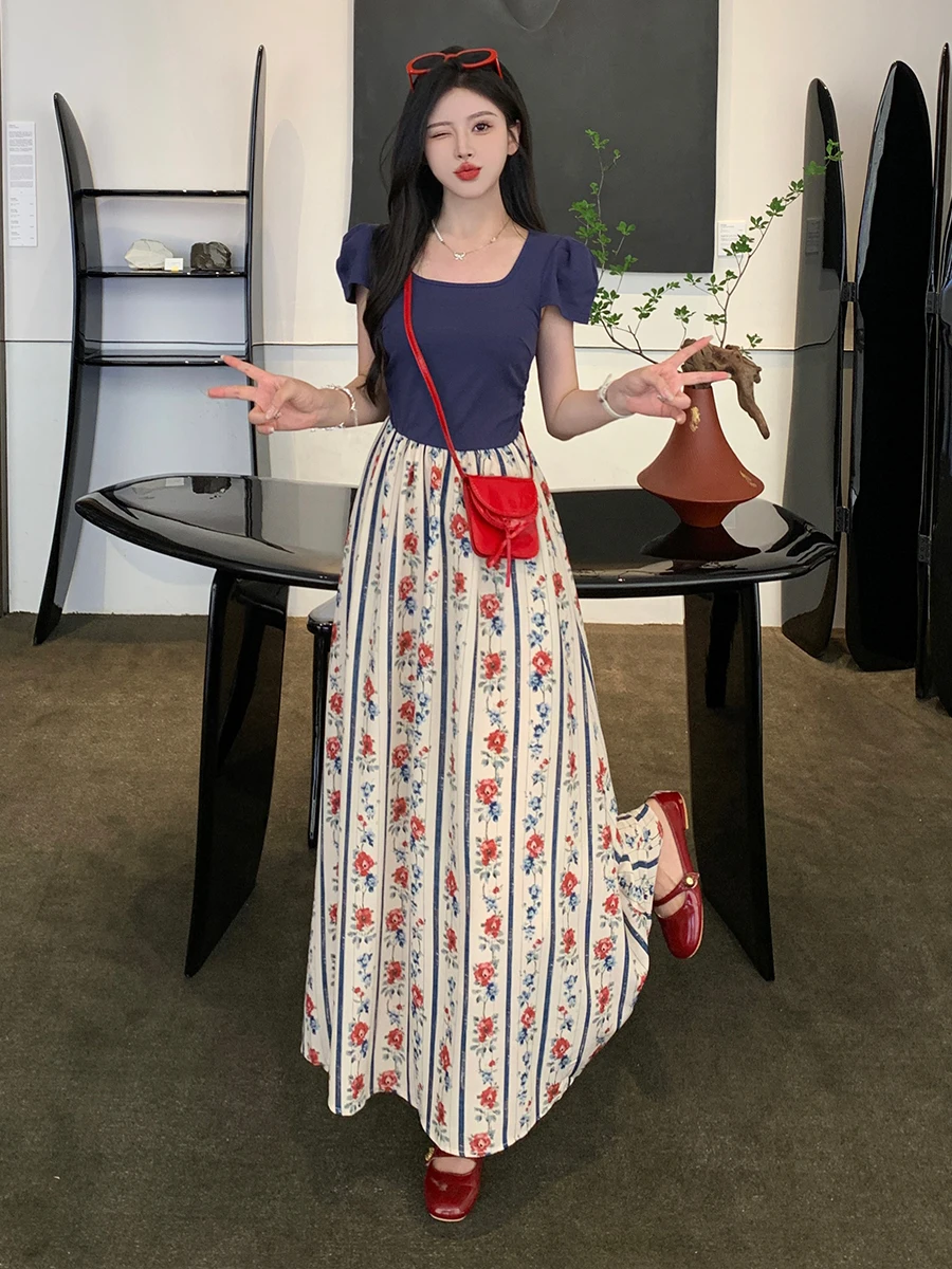 Retro Floral Print Maxi Dr Women's Summer Faion Slimming A-Line Gown Ele plus Size Fake Two-Piece Sle ort Sve