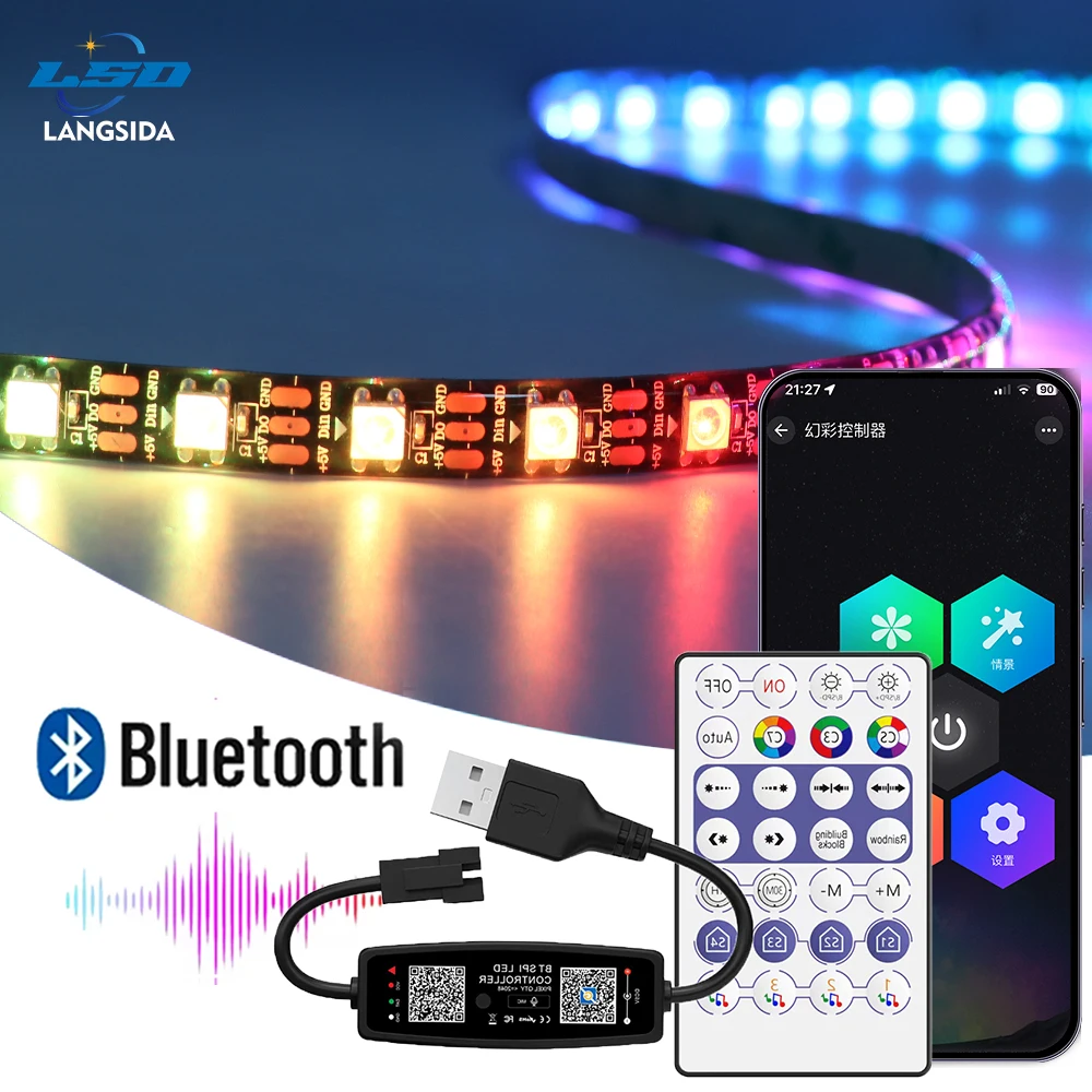 

5V WS2812B RGB LED Strip USB 28Key Kit Bluetooth Music Controller 30/60/74/96/144 LEDs/m Individually Addressable WHITE PCB 5V