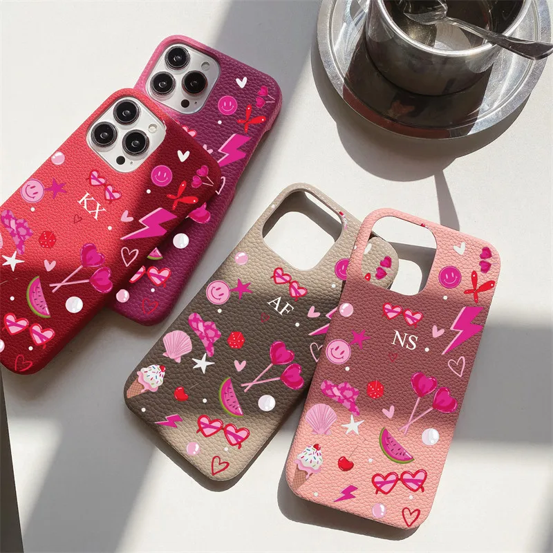 Fundas de cuero de grano de guijarro con nombre personalizado para iphone 11, 12, 14, 13, 15 Pro Max XS XR 14 16 Plus, fundas duras de PU de lujo