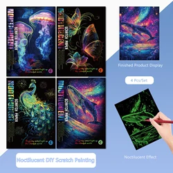 4 Pcs/Set A4 DIY Scratch Painting Sea World Butterfly Peacock Whale Noctilucent Scratch Painting Drawing Artistic Work