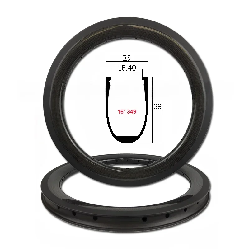 16 Inch 349 Carbon Rim 38mm*25mm for Brompton 3Sixty Fnhon Gust Zephyr Folding Bikes V/Disc Brake Carbon 16