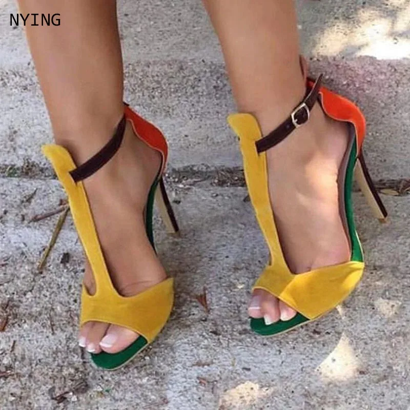 

2025 Women Open Heels Sexy Evening Sandals Pathcwork Leather Peep Toe Open Party Shoe Colorful Belt Spring Buckle 44