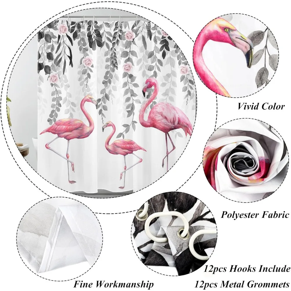 ม่านอาบน้ำฟลามิงโกสีชมพู ใบไม้สีเทา กุหลาบสีชมพู ม่านอาบน้ำลายดอกไม้สำหรับห้องน้ำ ชุดม่านอาบน้ำนกเขตร้อน กันน้ำ