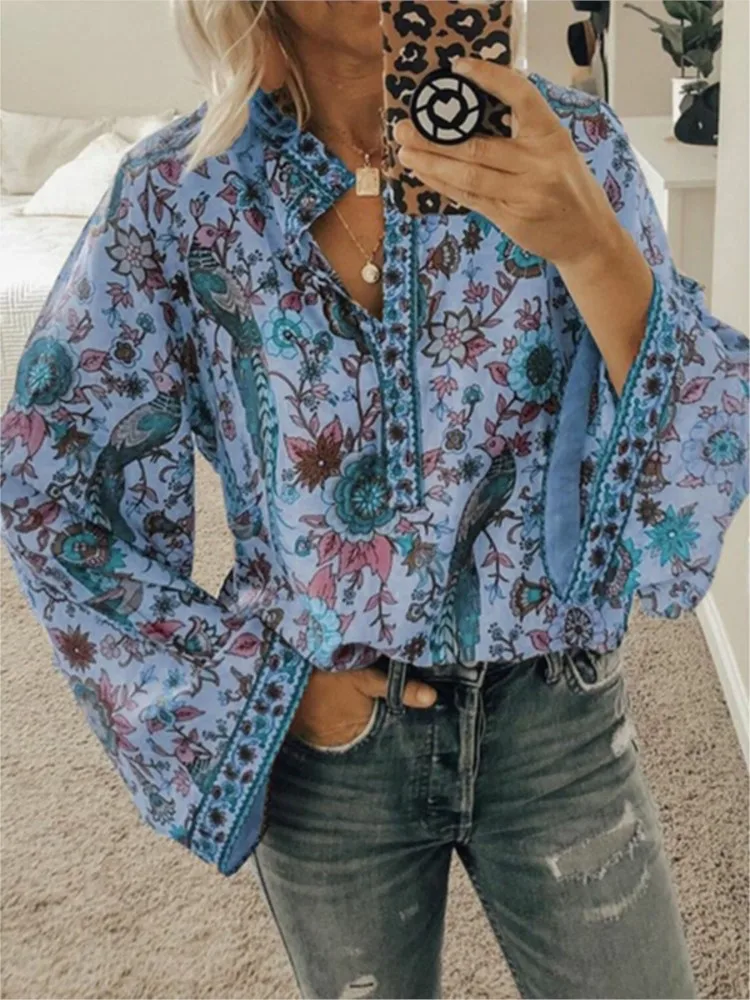 Spring Autumn New Women\'s Fashion Printed Shirt Button Long Sleeve Stand Up Collar Casual Comfortable Loose Shirt