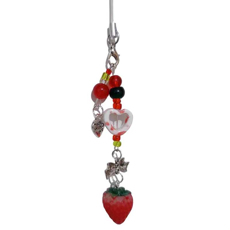 Sweet Cute Strawberry Phone Lanyard Girly Bow Heart Beaded Phone Chain Keychain Mobile Phone Strap Earphone Camera Charm