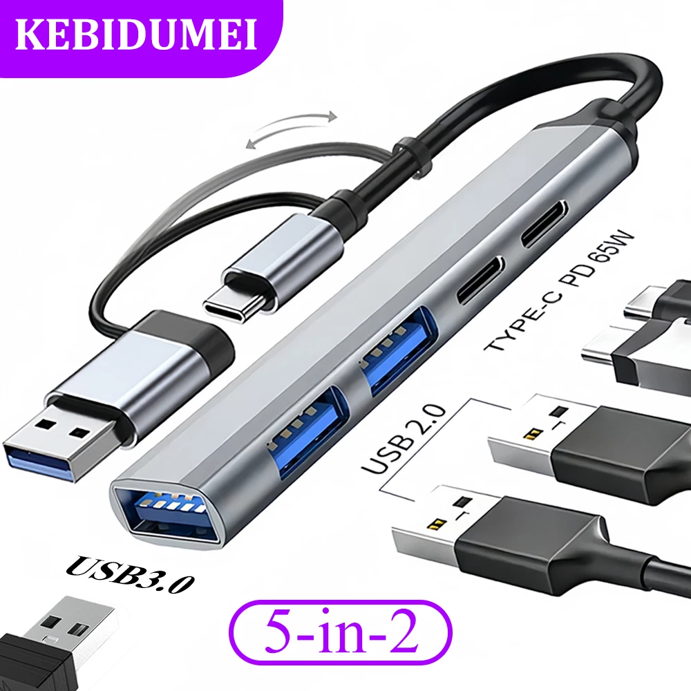 5-in-1 USB 3.0 HUB 5Gbps USB C Docking Station PD 65W Type C to USB HUB USB 3.0 Splitter OTG Adapter For PC Laptop Macbook Pro