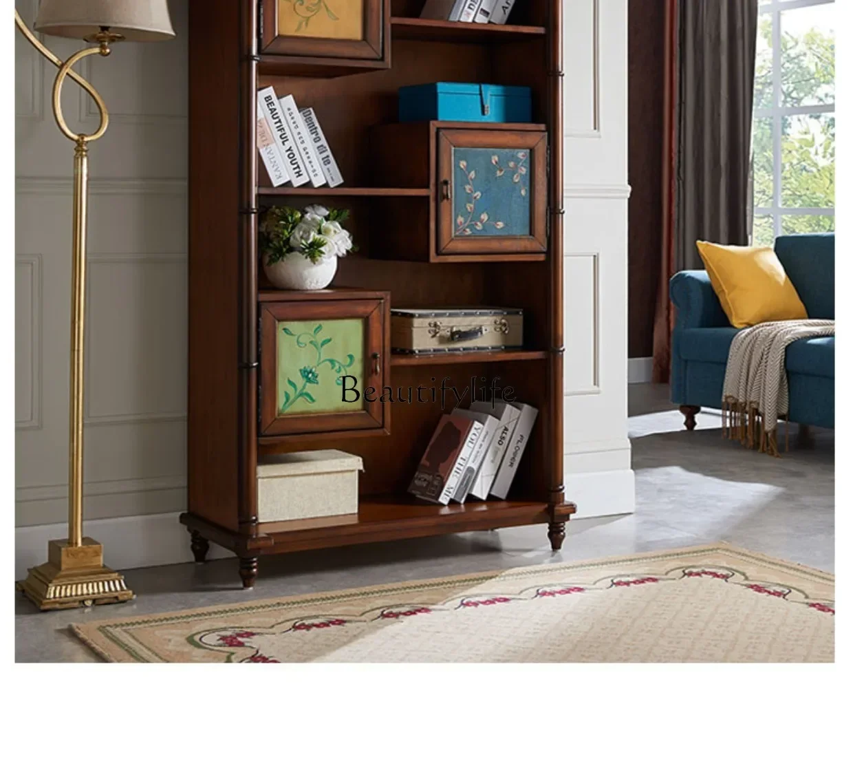 1PJ12*American solid wood bookcase, painted bookshelf Mediterranean style old wine rack locker