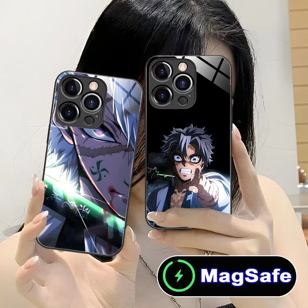 حافظة هاتف Demon Slayer Sanemi لهاتف iPhone 16 15 14 13 12 11 Pro Max Plus Mini MagSafe لون زجاجي واقي للهواتف الذكية جميل