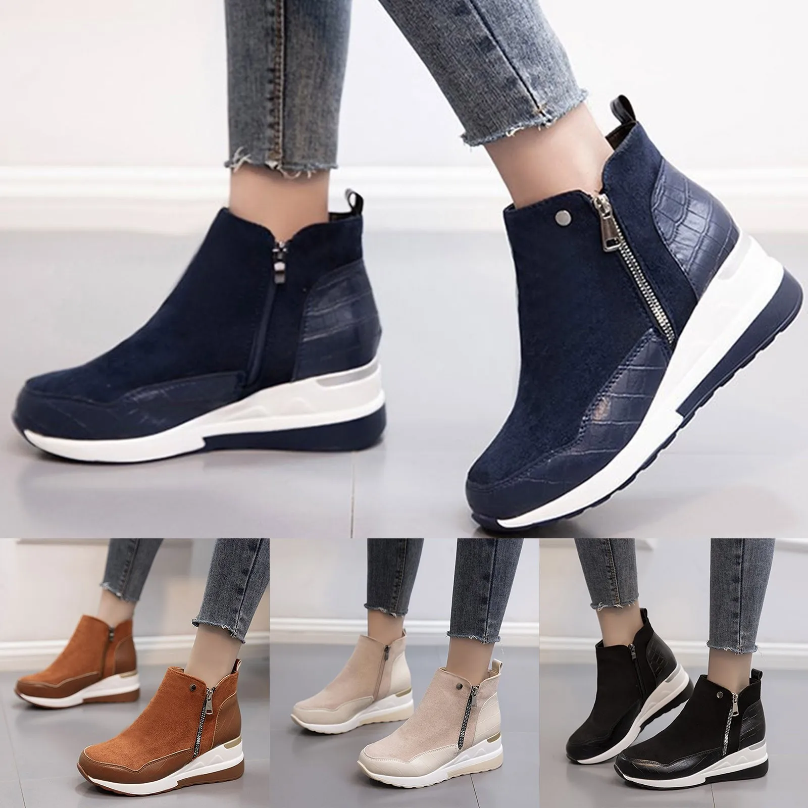 2024 Women Autumn Winter Boot High Top Vulcanize Shoes Women Platfrom Wedges Shoes Zipper Chunky Sneakers Female Shoes Plus Size