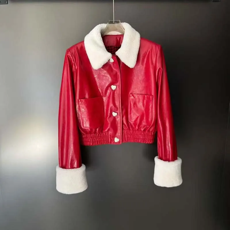Chaqueta de cuero genuino de longitud corta 2025, nueva moda, cuello vuelto con lana auténtica de alta calidad
