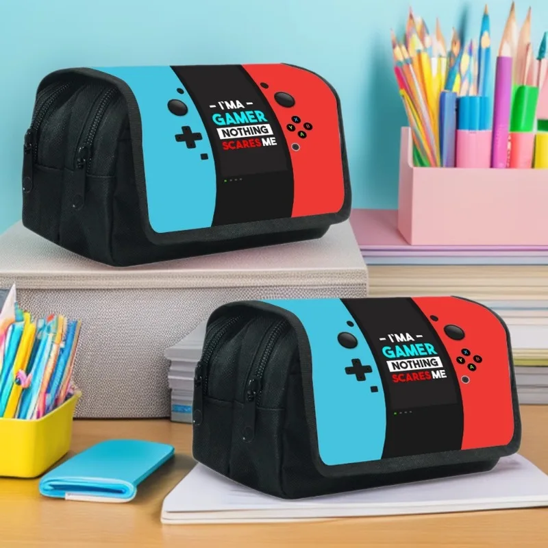 New Cartoon Game Controller Pencil Case,Large Capacity Double Layer Flip Pen Bag,Oxford Storage Pouch for Boys Girls School Gift