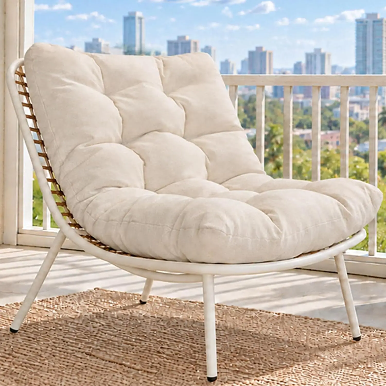 Ivory Wicker Papasan Lounge Chair with Cushion, Oversized Egg Recliner,Boho Indoor Outdoor Patio Chair for Porch Balcony Bedroom