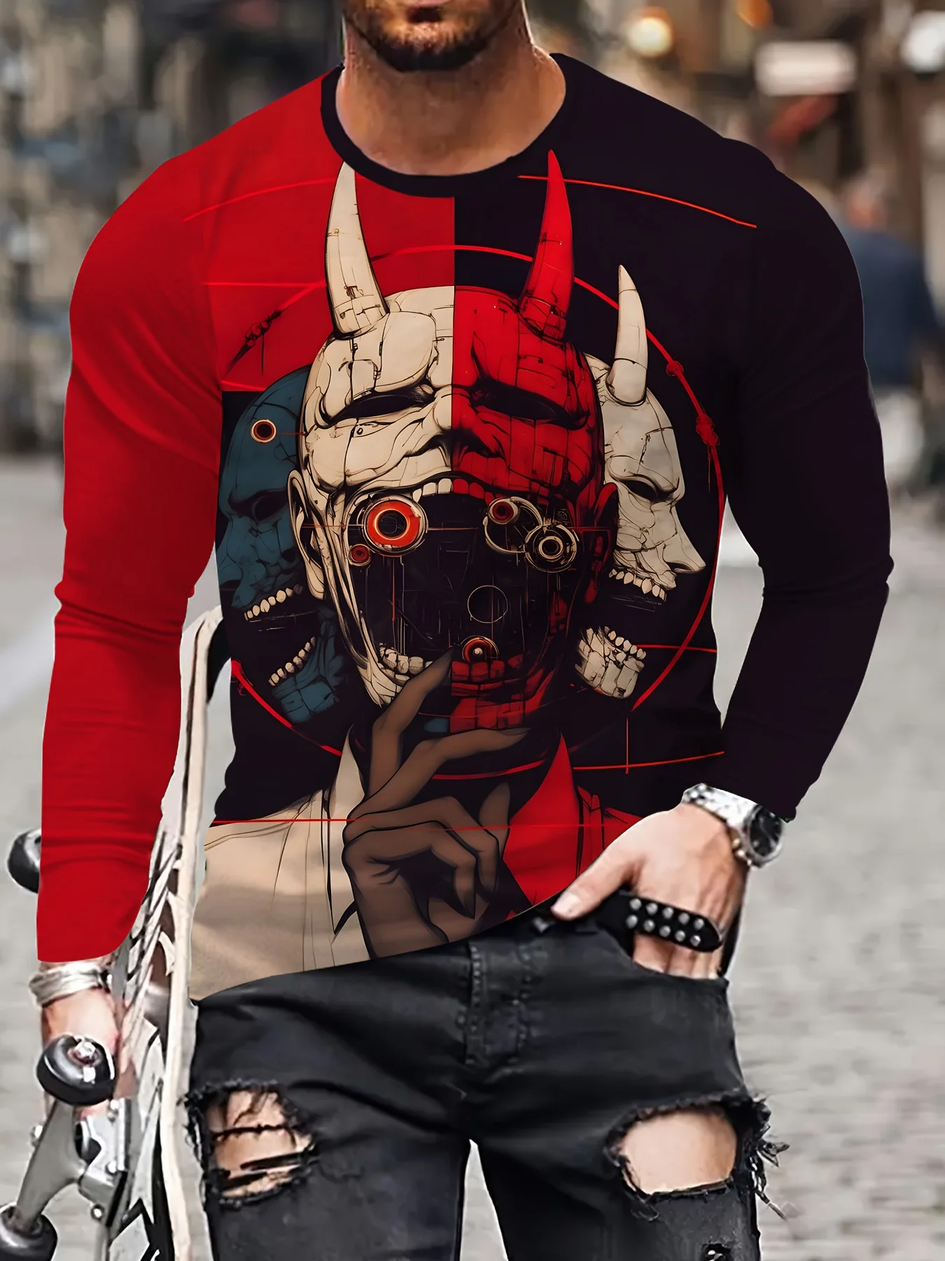 

​ ​ Мужская готическая красная, черная футболка с принтом черепа, 2024, с длинным рукавом, большие размеры, годовая уличная одежда, которую можно стирать в машине ​