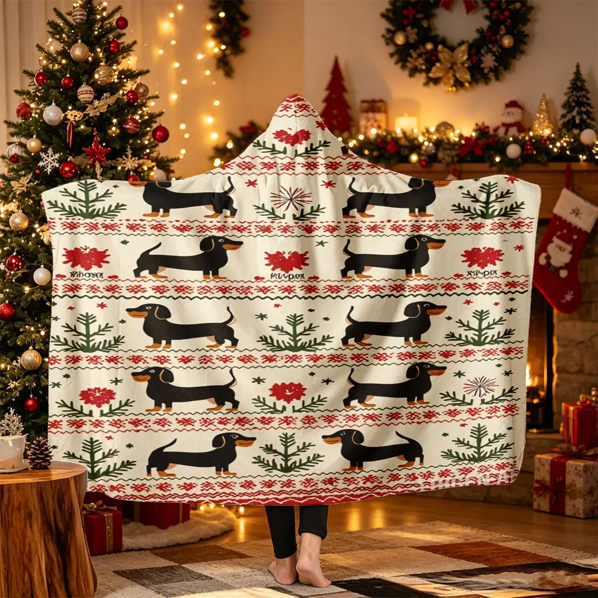 Christmas Fair Isle Style Black Brown Dachshund Pinecone Snowflake Full Print Theme Flannel Hooded Blanket Wearable Blanket