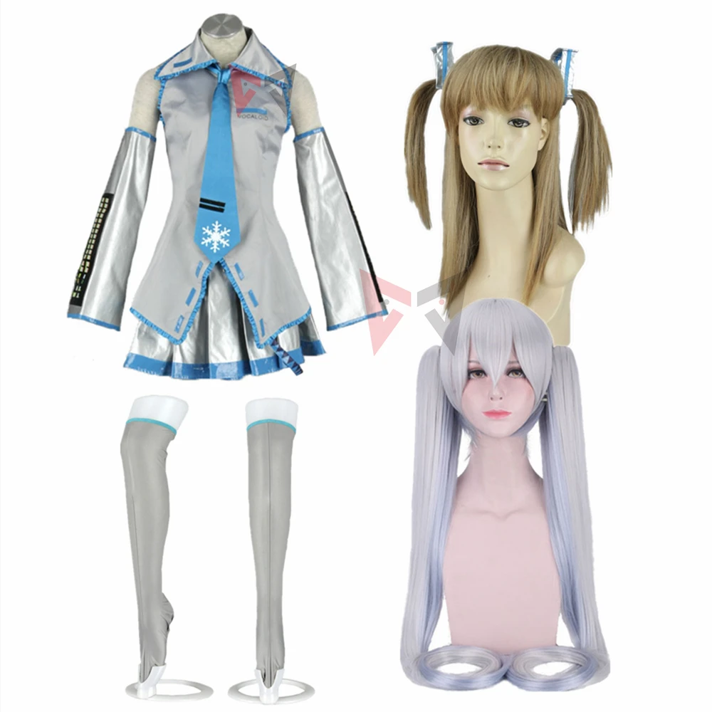 Anime Yuki Magical Snowvocaloid Silver Leather  Cosplay Costume Outfit Fascinating Pleated Mini Skirt For Kids Plus Size