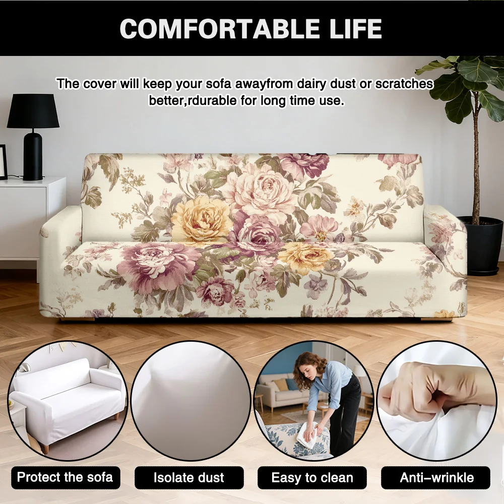 1pc Vintage Watercolor Peony Rose Print Stretch Sofa Cover, Shabby Chic Floral Couch Slipcover for Cottage Home Decor