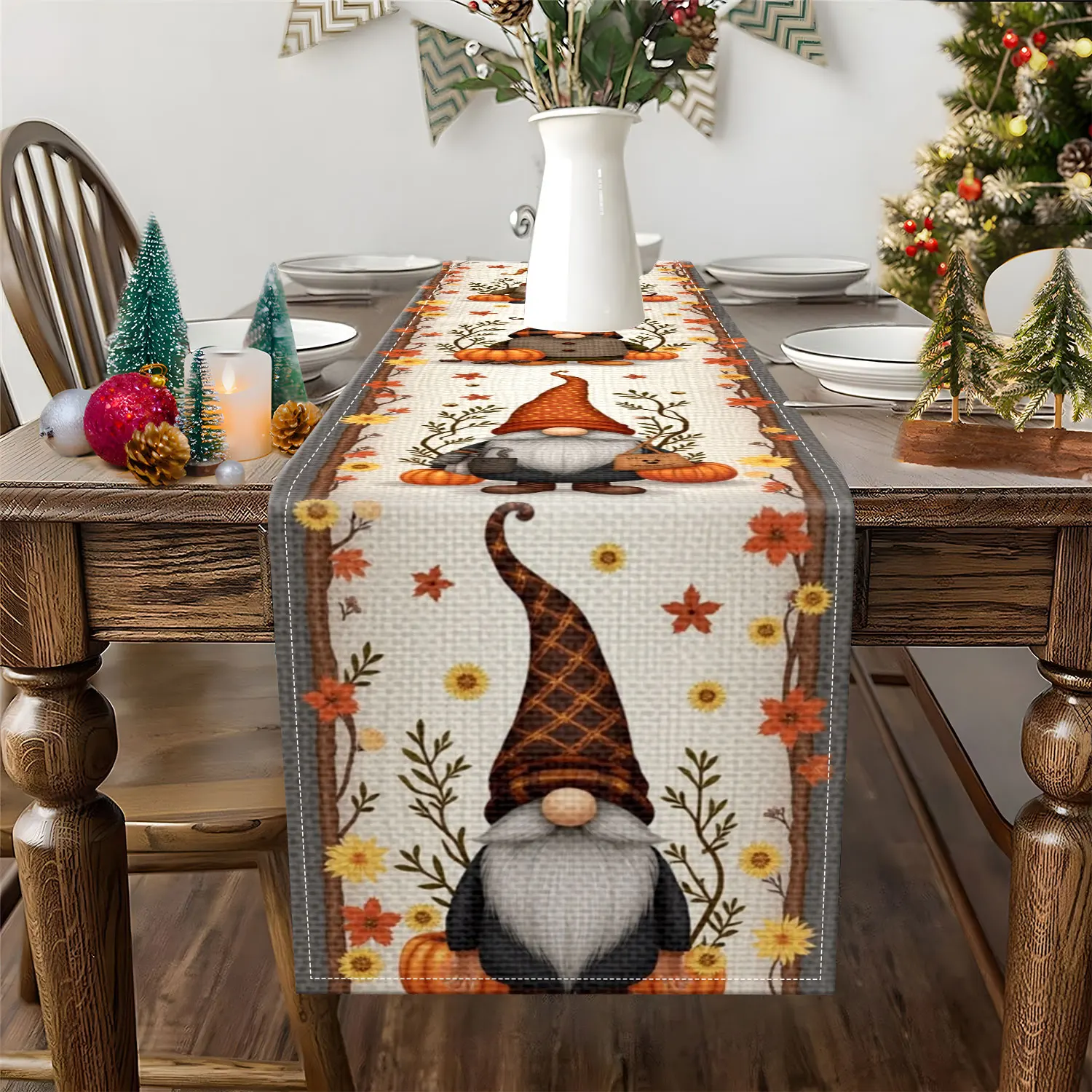 1 Piece of Autumn-Themed Table Runner, Depicting an Elf Wearing a Checkered Hat Holding a Pumpkin, Autumn Leaves, and Flowers, Suitable for Autumn and Thanksgiving Decorations