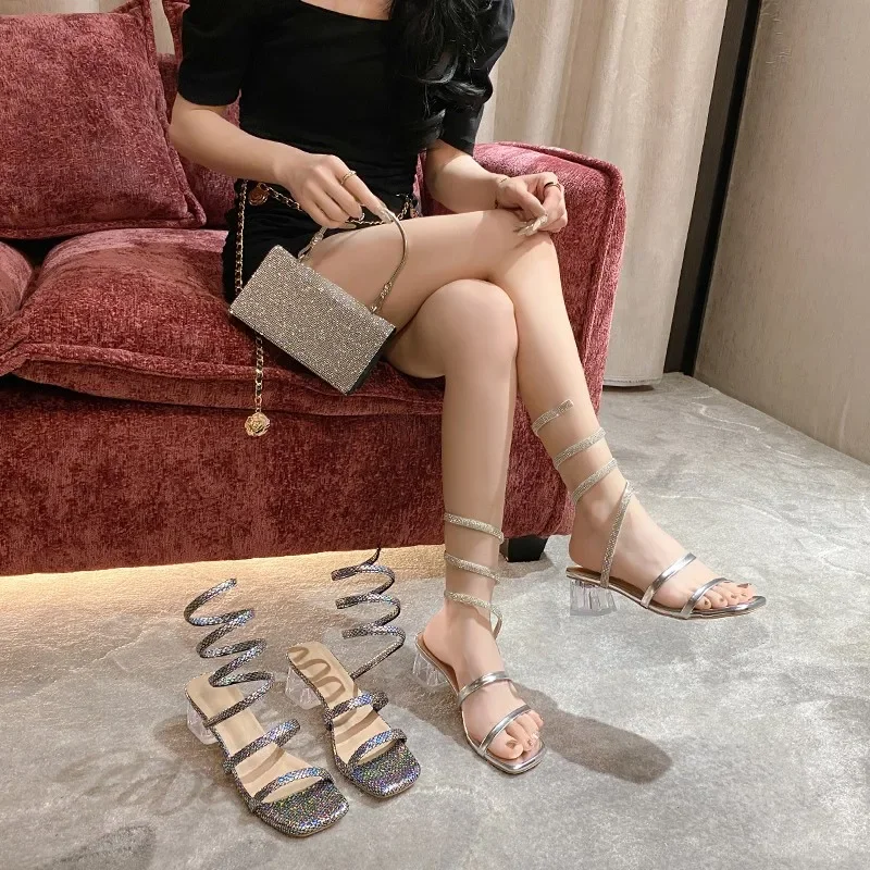 Transparent Thick Heel Fashion Sandals Women 2024 New Snake Shape Surround Women\'s Sandals Thin Strap Slingback Open Toe Sandals